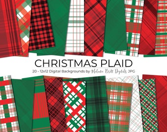 Christmas Plaid Digital Paper Download for scrapbooking, red and green, tartan, gingham, plaid patterns, printable papers 20 12x12 JPG