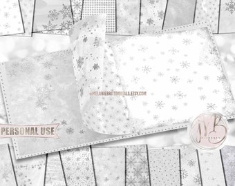 Silver Winter Scrapbook Paper Download • Glitter Snowflakes and Watercolor Design • Printable Paper Crafts 20 12x12 JPG & PDF