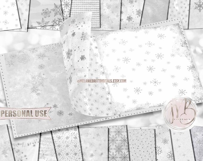 Silver Winter Scrapbook Paper Download • Glitter Snowflakes and Watercolor Design • Printable Paper Crafts 20 12x12 JPG & PDF