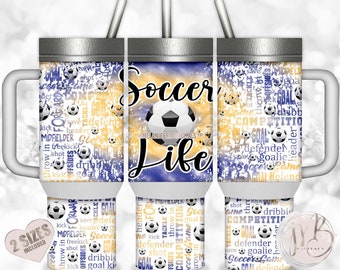 Soccer Life 40oz Tumbler Wrap Sublimation Design Download • Blue and Athletic Gold Tie Dye Scattered Soccer Balls • Sublimation Crafts