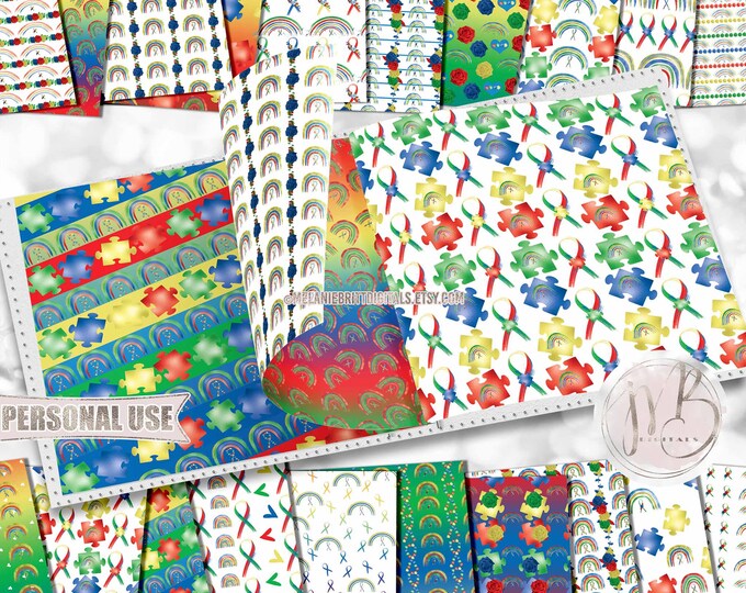 Autism Awareness Ribbon and Rainbow Scrapbook Paper Download • Scrapbooking for a Cause™ Support Squad • Scrapbooking Printable ©2019