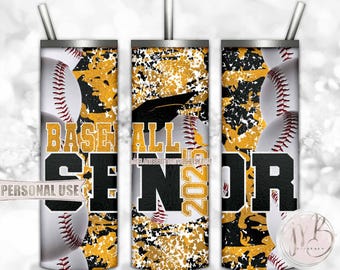 Athletic Gold Baseball Senior 2025 20oz Skinny Tumbler Wrap Sublimation Design • Camouflage Baseball Graduation Gift • DIY Print and Press