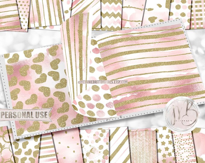 Glam Pink and Gold Watercolor Scrapbook Paper Download • Sparkling Glitter Watercolor Design • DIY Printable Paper Crafts 20 12x12 JPG & PDF