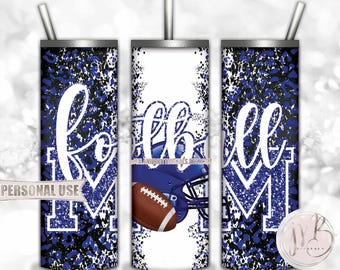 Royal Blue Football Mom 20oz Skinny Tumbler Wrap Sublimation Design • Football Helmet Leopard Print Sports Mom Gift • DIY Print and Press