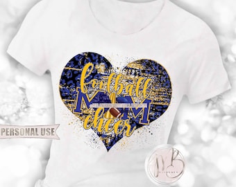 Mom of Both Football and Cheer Heart T-Shirt Sublimation Design • Helmet Pom Blue and Athletic Gold Leopard Print • DIY Print & Press
