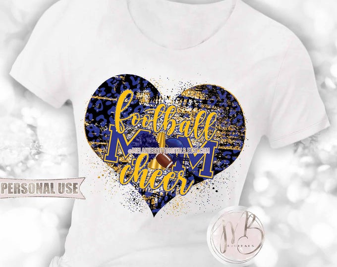 Mom of Both Football and Cheer Heart T-Shirt Sublimation Download • Helmet Pom Blue and Athletic Gold Leopard Print • DIY Print & Press