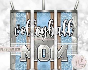 Light Blue Volleyball Mom 20oz Skinny Tumbler Wrap Sublimation Design • Volleyball Net Court Glitter Sport Brush Strokes • DIY Print & Press