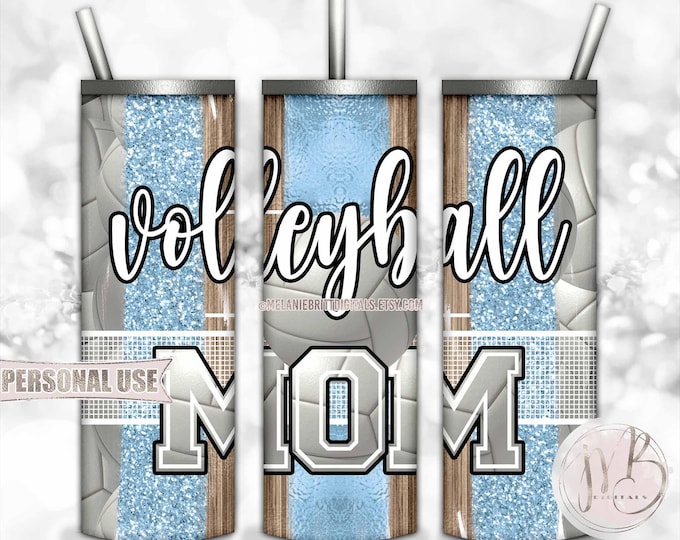 Light Blue Volleyball Mom 20oz Skinny Tumbler Wrap Sublimation Design • Volleyball Net Court Glitter Sport Brush Strokes • DIY Print & Press