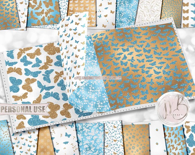 Blue and Yellow Butterflies Scrapbook Paper Download • Cute Butterflies Springtime Glitter Foil • Printable Paper Crafts 20 12x12 JPG & PDF