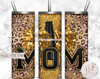 Athletic Gold Cheer Mom 20oz Skinny Tumbler Sublimation Design • Classic Leopard Pom Poms Megaphone Glitter Mom Gift • DIY Print & Press