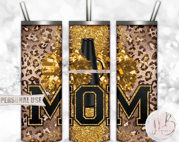 Athletic Gold Cheer Mom 20oz Skinny Tumbler Sublimation Design • Classic Leopard Pom Poms Megaphone Glitter Mom Gift • DIY Print & Press