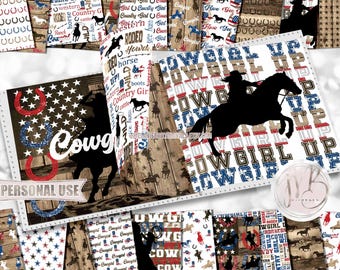 Patriotic Cowgirl Scrapbook Paper Download • Country Western Rodeo Rustic Wood Farm and Ranch • Scrapbooking Printable
