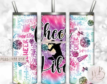 Rainbow Tie Dye Cheer Life 20oz Skinny Tumbler Wrap Sublimation Design • Cheer Squad Typography Cheerleader Gift • DIY Print and Press