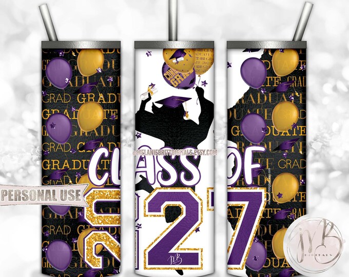 Class Of 2027 Girl Graduation Tumbler Wrap Download • Purple and Athletic Gold Colors Graduate Gift • Sublimation Print and Press