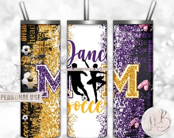 Mom of Both 20oz Skinny Tumbler Wrap Sublimation Design Download • Soccer and Dance Purple and Athletic Gold Glitter • Sublimation Crafts