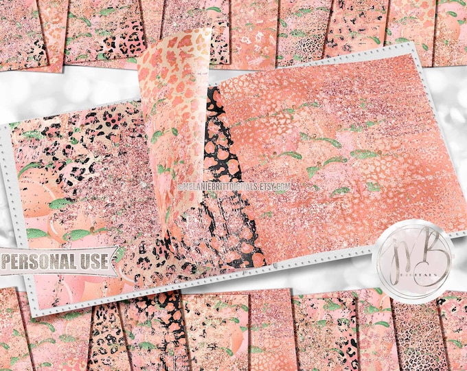 Peachy Leopard Print Scrapbook Paper Download • Distressed Peaches and Leopard Glitter Foil Design • Printable Paper Crafts 20 12x12 JPG PDF