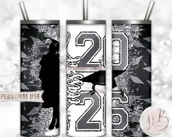 Silver Class Of 2026 Girl Graduation 20oz Skinny Tumbler Wrap Sublimation Design • Graduate Graduation Cap Glitter • DIY Print and Press