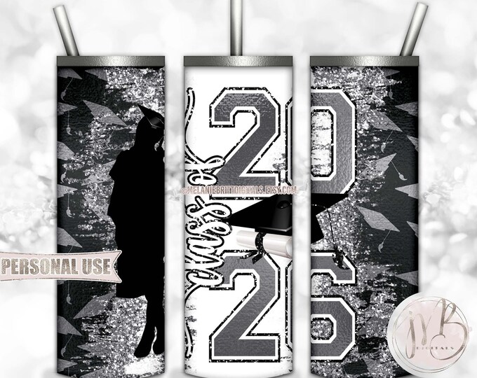 Class Of 2026 Girl Graduation Tumbler Wrap Download • Silver School Colors Graduate Gift • Sublimation Print and Press