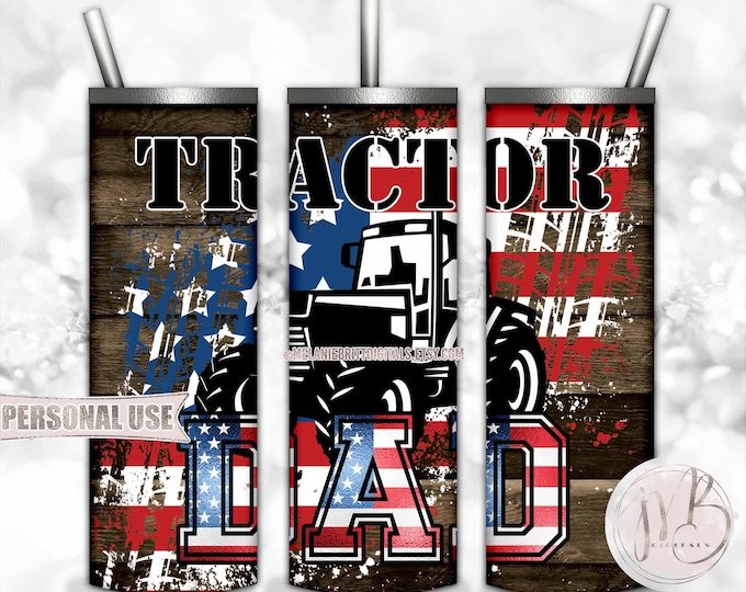 Featured listing image: Patriotic Tractor Dad 20oz Skinny Tumbler Wrap Sublimation Design • Distressed USA Flag Rustic Wood Father's Day Gift • DIY Print and Press