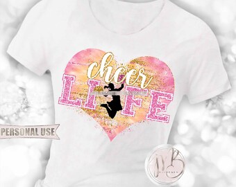 Cheer Life Heart T-Shirt Sublimation Download • Pink and Athletic Gold Tie Dye • DIY Print and Press