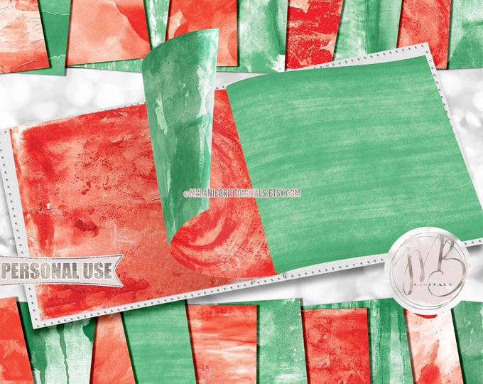 Christmas Watercolor Scrapbook Paper Download • Red and Green Mixed Media Messy Paint Design • DIY Printable Paper Crafts 20 12x12 JPG & PDF