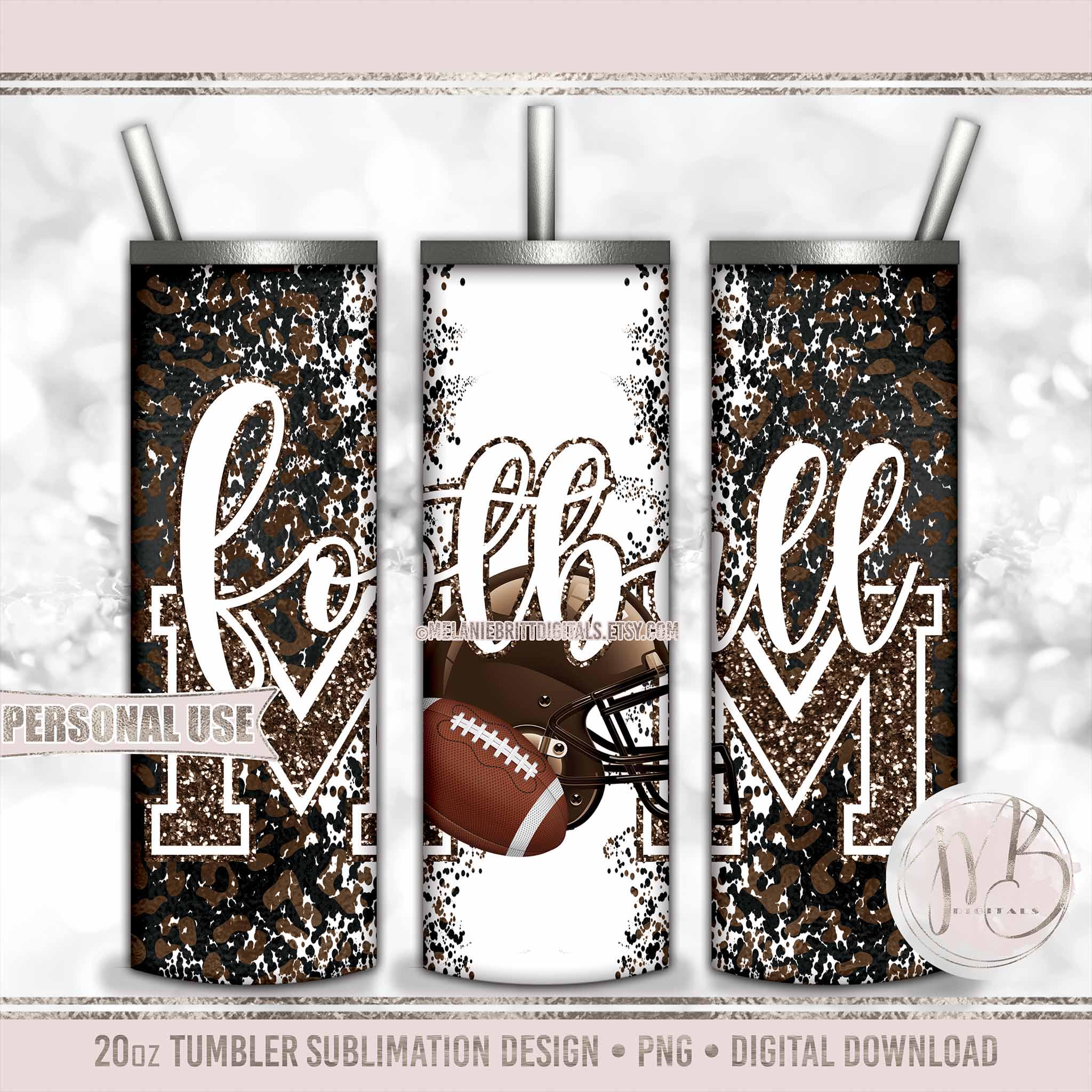 Brown Football Mom 20oz Skinny Tumbler Wrap Sublimation Design • Football Helmet Leopard Print Sports Mom Gift • DIY Print and Press