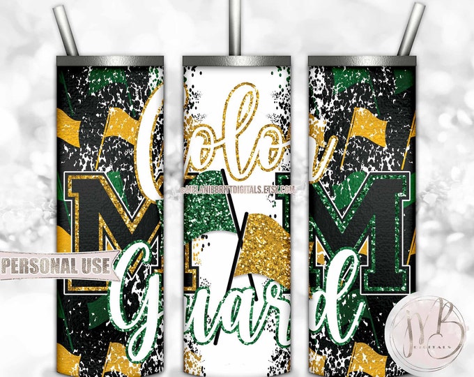 Color Guard Mom 20oz Skinny Tumbler Wrap Sublimation Design Download • Flag Performance Green and Athletic Gold Glitter • DIY Print & Press