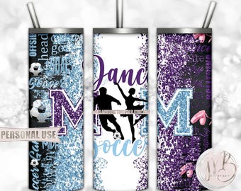 Mom of Both Soccer and Dance 20oz Skinny Tumbler Wrap Sublimation Design Download • Purple and Light Blue Glitter • DIY Print and Press