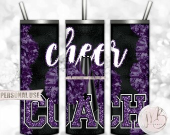 Purple Cheer Coach 20oz Skinny Tumbler Wrap Sublimation Design Download • Pom Poms Megaphone Lanyard Whistle Coach Gift • DIY Print & Press