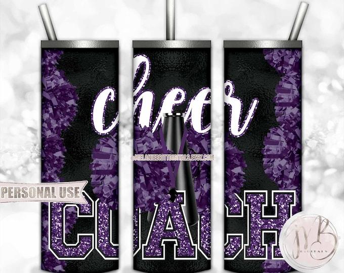 Purple Cheer Coach 20oz Skinny Tumbler Wrap Sublimation Design Download • Pom Poms Megaphone Lanyard Whistle Coach Gift • DIY Print & Press