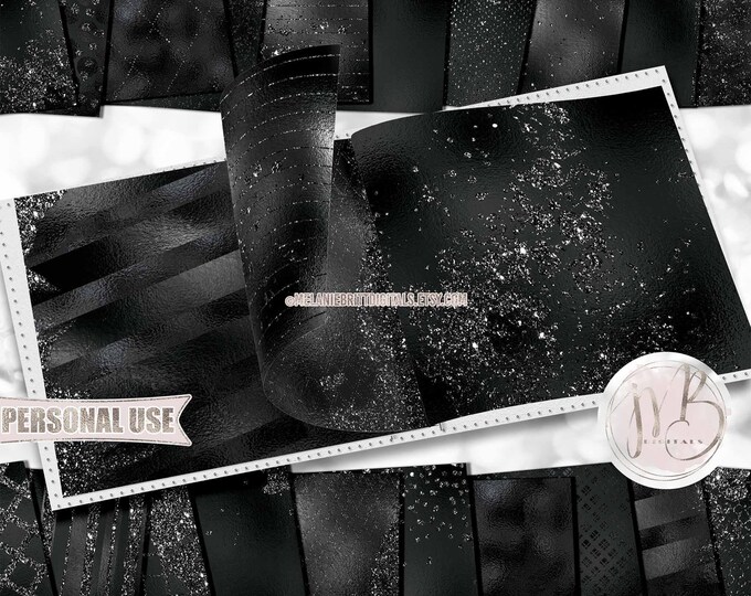 Black Glam Scrapbook Paper Download • Sparkling Glitter and Shimmering Foil Design • DIY Printable Paper Crafts 20 12x12 JPG & PDF