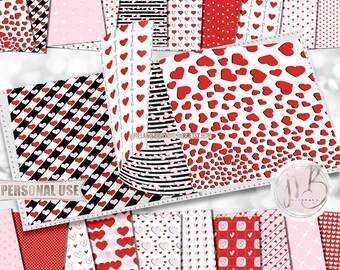 Valentine's Day Hearts Scrapbook Paper Download • Classic Red and Pink Love Romantic Engagement • Printable Paper Crafts 20 12x12 JPG & PDF