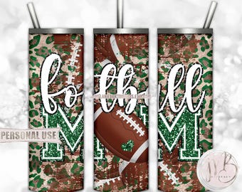 Green Football Mom 20oz Skinny Tumbler Wrap Sublimation Design Download • Distressed Football and Leopard Print Mom Gift • DIY Print & Press