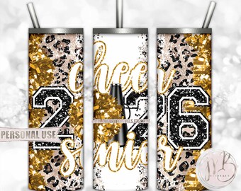 Athletic Gold Cheer Senior 2026 20oz Skinny Sublimation Tumbler Wrap Design • Pom Pom Megaphone Classic Leopard Print • DIY Print and Press