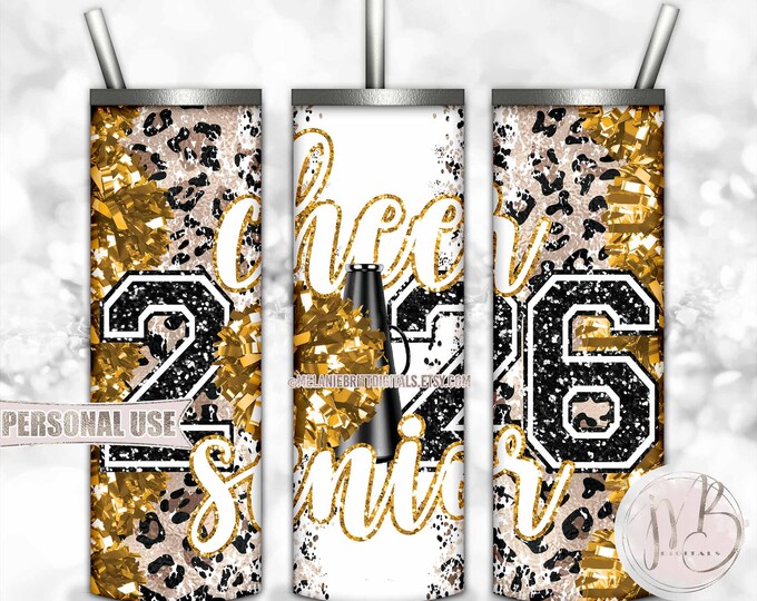 Athletic Gold Cheer Senior 2026 20oz Skinny Sublimation Tumbler Wrap Design • Pom Pom Megaphone Classic Leopard Print • DIY Print and Press