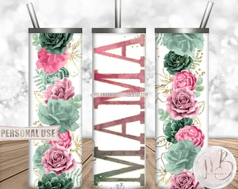 Floral Mama 20oz Skinny Tumbler Wrap Sublimation Download • Pink & Mint Flowers Mother's Day Gift • DIY Print and Press