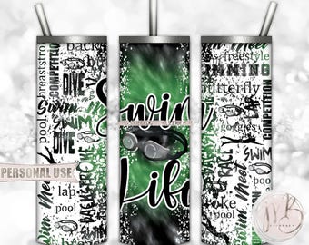 Swim Life 20oz Skinny Tumbler Wrap Sublimation Design Download • Green and Black Tie Dye Swim Team Swimmer Gift • DIY Print & Press