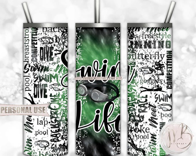 Swim Life 20oz Skinny Tumbler Wrap Sublimation Design Download • Green and Black Tie Dye Swim Team Swimmer Gift • DIY Print & Press