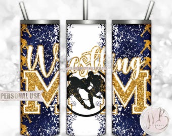 Boy Wrestling Mom 20oz Skinny Tumbler Wrap Sublimation Design • Wrestler Mom Gift Navy and Athletic Gold School Colors • DIY Print and Press