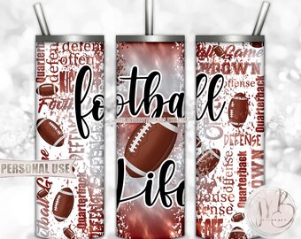 Football Life 20oz Skinny Tumbler Wrap Sublimation Design Download • Maroon and Silver Tie Dye Typography Football Gift • DIY Print & Press