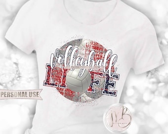 Volleyball Life T-Shirt Sublimation Design Download • Distressed Circle Navy Blue and Red Glitter Volleyball Gift • DIY Print and Press