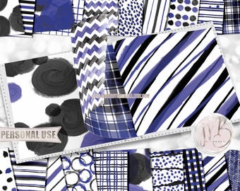 Black & Royal Blue Watercolor Scrapbook Paper Download • Hand Painted Patterned Watercolor Design • Printable Paper Crafts 20 12x12 JPG PDF
