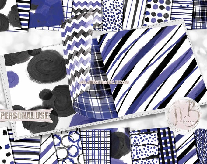 Black & Royal Blue Watercolor Scrapbook Paper Download • Hand Painted Patterned Watercolor Design • Printable Paper Crafts 20 12x12 JPG PDF