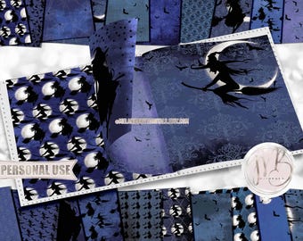 Blue Happy Halloween Witches Scrapbook Paper Download • Good Witch Wicked Witch Grunge Design • Printable Paper Crafts 20 12x12 JPG & PDF
