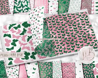 Pink and Green Butterflies Scrapbook Paper Download • Cute Butterflies Springtime Glitter Foil • Printable Paper Crafts 20 12x12 JPG & PDF