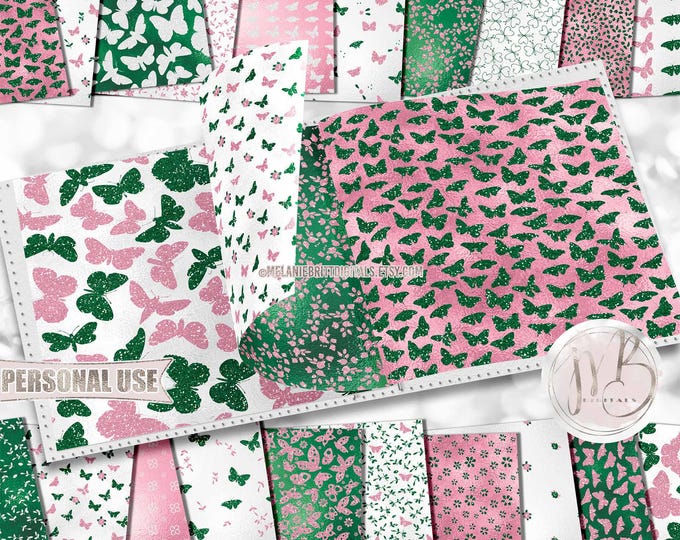Pink and Green Butterflies Scrapbook Paper Download • Cute Butterflies Springtime Glitter Foil • Printable Paper Crafts 20 12x12 JPG & PDF