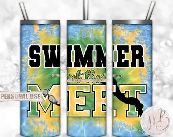Swimmer Of The Meet 20oz Skinny Tumbler Wrap Sublimation Download • Green & Athletic Gold Tie Dye Pool Water Swim Team • DIY Print and Press