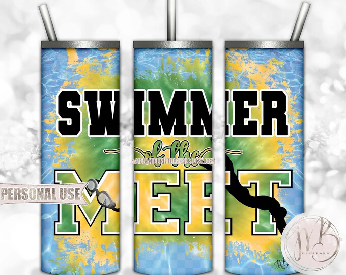 Swimmer Of The Meet 20oz Skinny Tumbler Wrap Sublimation Download • Green & Athletic Gold Tie Dye Pool Water Swim Team • DIY Print and Press