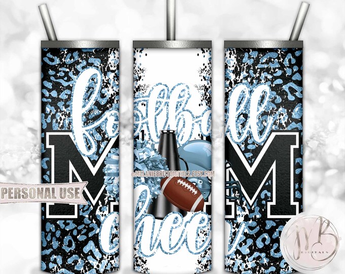 Light Blue Mom of Both Football and Cheer 20oz Skinny Tumbler Wrap Sublimation Design • Leopard Print Mom Gift • DIY Print and Press