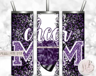 Purple Cheer Mom 20oz Skinny Tumbler Wrap Sublimation Design • Leopard Print Pom Pom Megaphone Glitter Mom Gift • DIY Print & Press